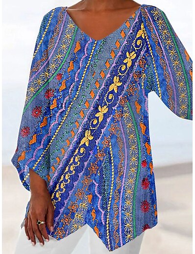 cheap Women&#039;s Tops-Women&#039;s Holiday Weekend Shirt Long Sleeve Graphic Patterned V Neck Asymmetric Print Casual Beach Tops Blue S / 3D Print