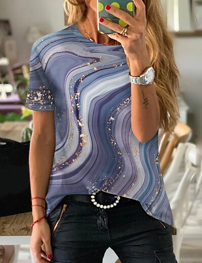 cheap Women&#039;s Tops-Women&#039;s Casual Weekend T shirt Tee Abstract Painting Short Sleeve Graphic Patterned Round Neck Print Basic Tops Green Blue Purple S / 3D Print