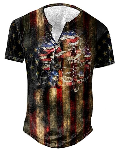 cheap Men&#039;s Tops-Men&#039;s Henley Shirt Tee T shirt Tee Graphic Patterned Skull National Flag 3D Print Henley Plus Size Daily Sports Short Sleeve Button-Down Print Tops Designer Basic Casual Big and Tall Brown / Summer