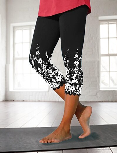 cheap Exercise, Fitness &amp; Yoga-Women&#039;s Yoga Pants High Waist Capri Leggings Bottoms Floral / Botanical Graphic Tummy Control Butt Lift Quick Dry White Black Black Combo Yoga Fitness Gym Workout Sports Activewear Skinny Stretchy