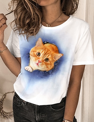 hesapli Kadın Üstleri-Kadın&#039;s Günlük Hafta sonu T gömlek 3D Kedi Resim Kısa Kollu Kedi 3D Yuvarlak Yaka Desen Temel Üstler Yonca Havuz Gri S / 3D Baskı