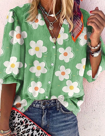 tanie KOBIETY-Damskie Codzienny Weekend Bluzka Koszula Motyw kwiatowy Długi rękaw Kwiaty Stójka Guzik Nadruk Codzienny Moda miejska Najfatalniejszy Zielony Niebieski Rumiany róż S / Druk 3D