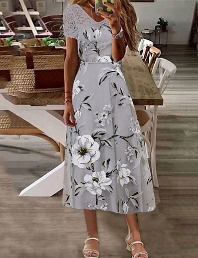 cheap Dresses-Women&#039;s Maxi long Dress A Line Dress Gray Short Sleeve Lace Print Floral V Neck Fall Summer Casual 2021 S M L XL XXL