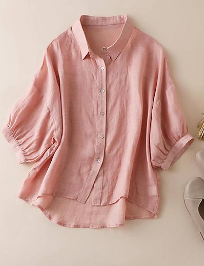 cheap Women&#039;s Tops-Women&#039;s Casual Weekend Blouse Shirt Half Sleeve Plain Shirt Collar Button Streetwear Tops Green White Pink M