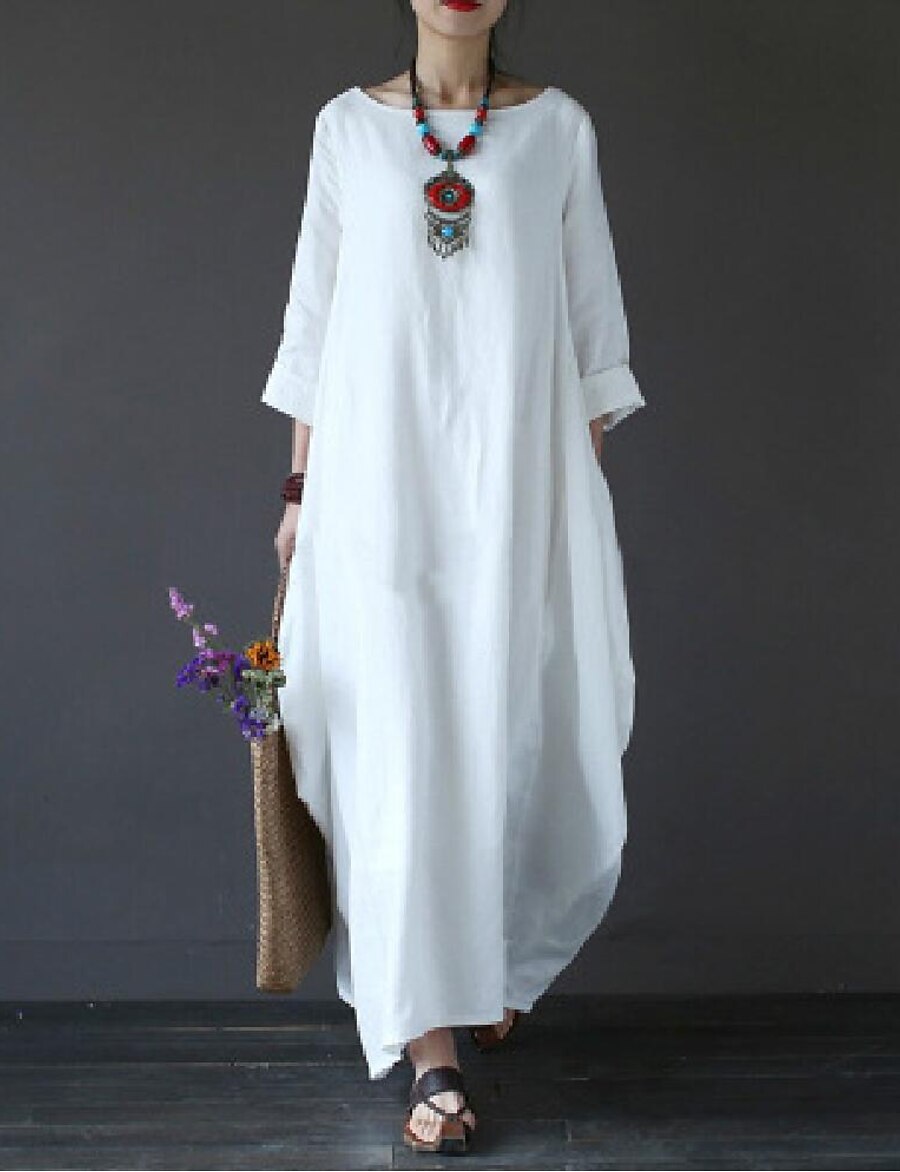  Women's Maxi long Dress Shift Dress Green White Black Red Light Blue 3/4 Length Sleeve Pocket Solid Color Pure Color Boat Neck Fall Spring Basic Casual 2022 Loose L XL XXL 3XL 4XL 5XL