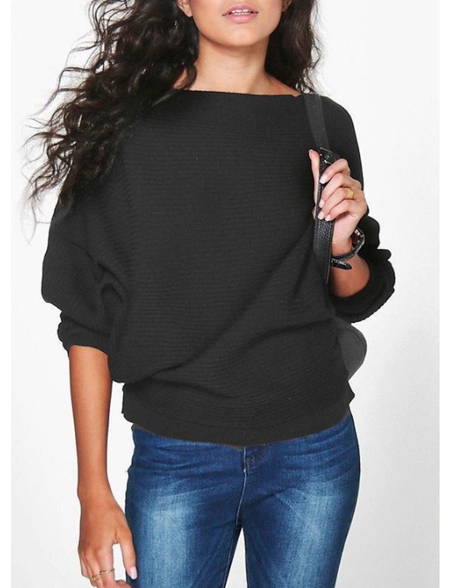 Women's Pullover Solid Color Knitted Stylish Basic Casual Long Sleeve Regular Fit Batwing Sleeve Regular Sweater Cardigans Fall Winter Boat Neck Blue Wine Black / Going out