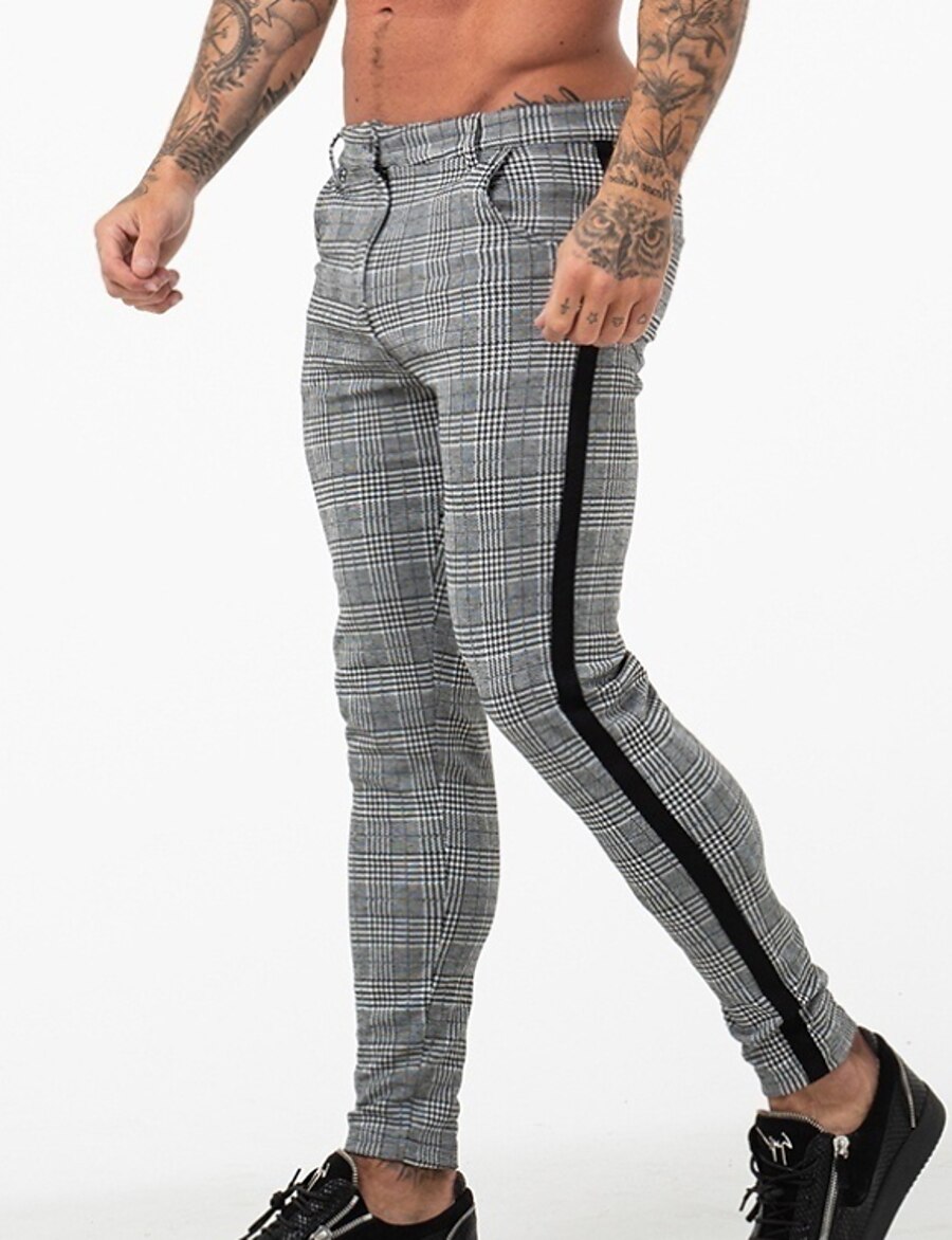  Men's Stylish Pants Formal Style Chinos Full Length Pants Inelastic Formal Daily Wear Cotton Plaid Checkered Mid Waist Slim Black White S M L XL XXL