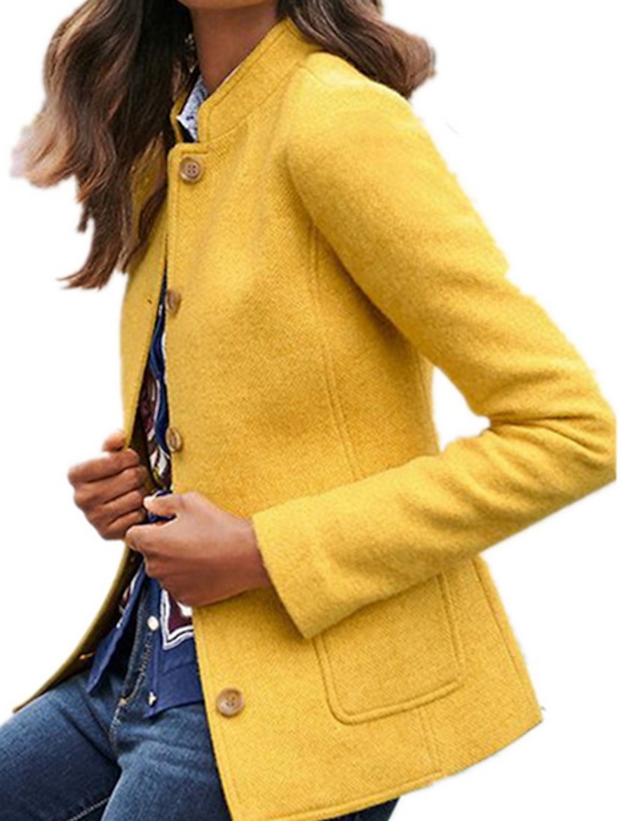  Women's Coat Fall Winter Daily WorkWear Regular Coat Stand Collar Regular Fit Chic & Modern Jacket Long Sleeve Pocket Solid Colored Blue Yellow Orange