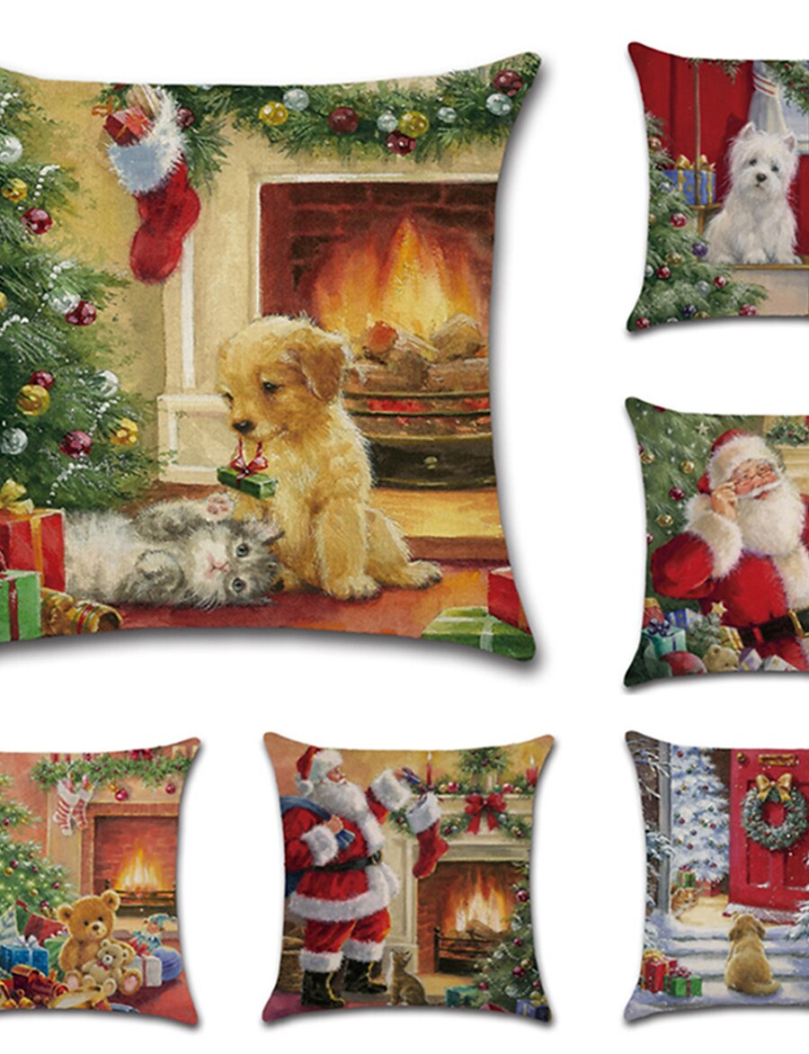  6 pcs Faux Linen Pillow Cover, Traditional Christmas Holiday Christmas Square Traditional Classic
