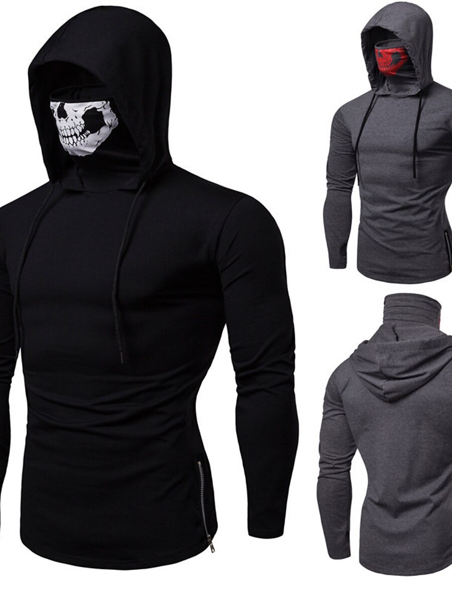  Men's Long Sleeve Hoodie with Mask Running Shirt Protective Clothing Hoodie Top Cotton Windproof Breathable Soft Fitness Gym Workout Running Jogging Bodybuilding Sportswear Skull Dark Grey Black