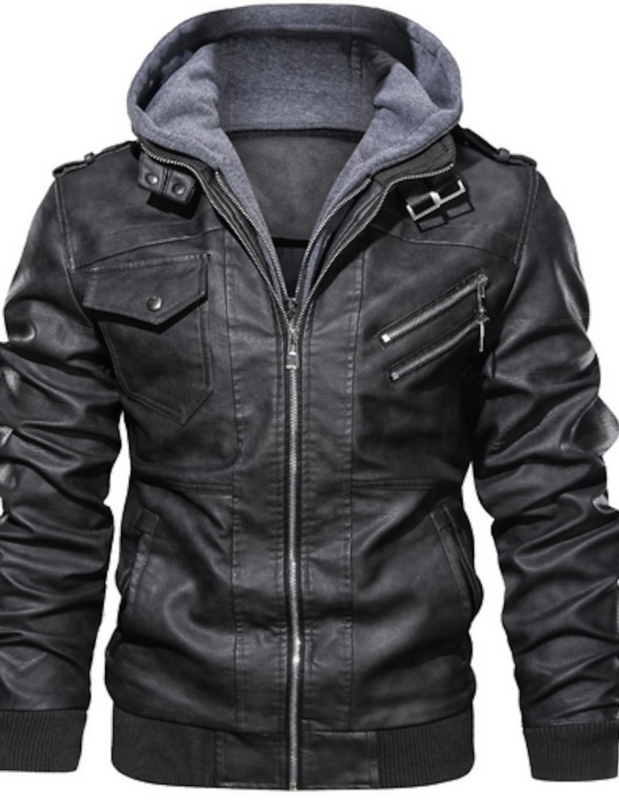  Men's Faux Leather Jacket Daily Regular Coat Hooded Regular Fit Jacket Long Sleeve Color Block Gray Black Brown