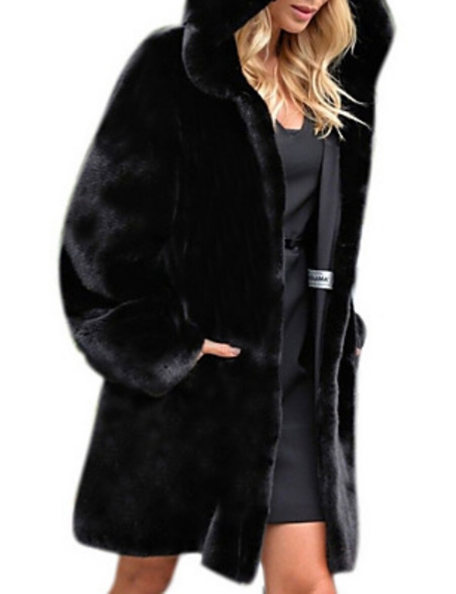  Women's Faux Fur Coat Fall Winter Daily Holiday Long Coat Thermal Warm Regular Fit Elegant Casual Streetwear Jacket Long Sleeve Quilted Solid Color Black