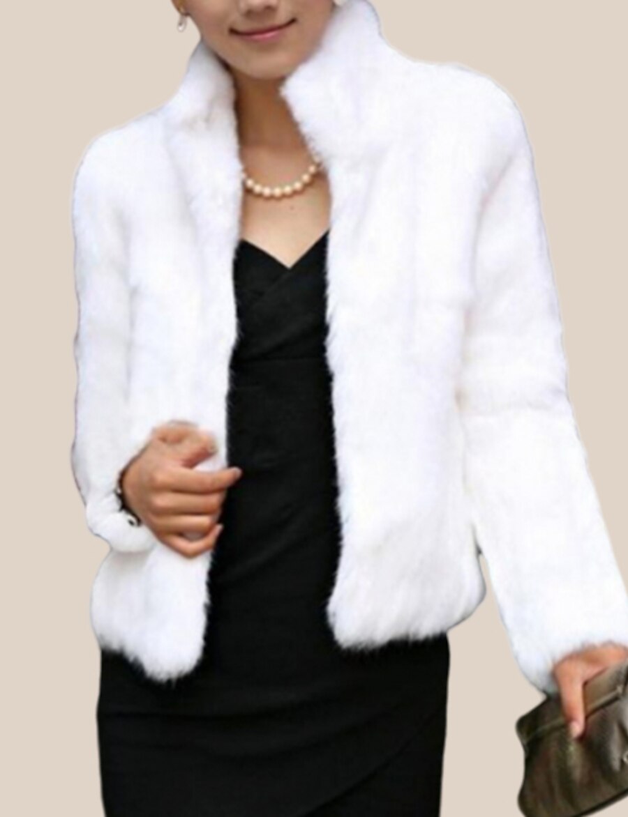  Women's Fur Coat Winter Short Coat Regular Fit Jacket Long Sleeve Formal Style Solid Colored White Black