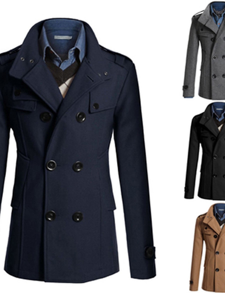  men's winter trench coat double breasted pea coat notched collar overcoat business down jacket (black,medium)
