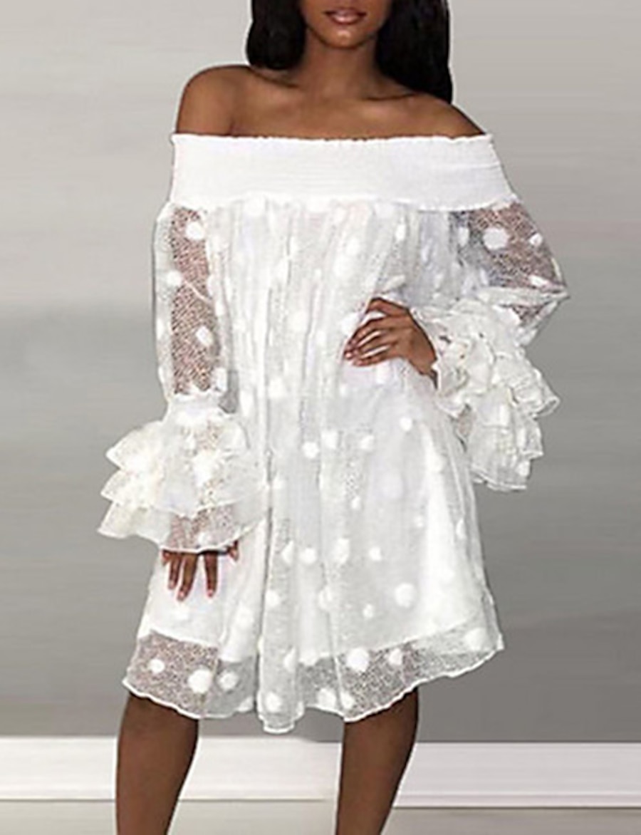 Women's Knee Length Dress Shift Dress White Long Sleeve Mesh Polka Dot Off Shoulder Spring Summer Hot Elegant 2022 S M L XL XXL 3XL / Party / Loose