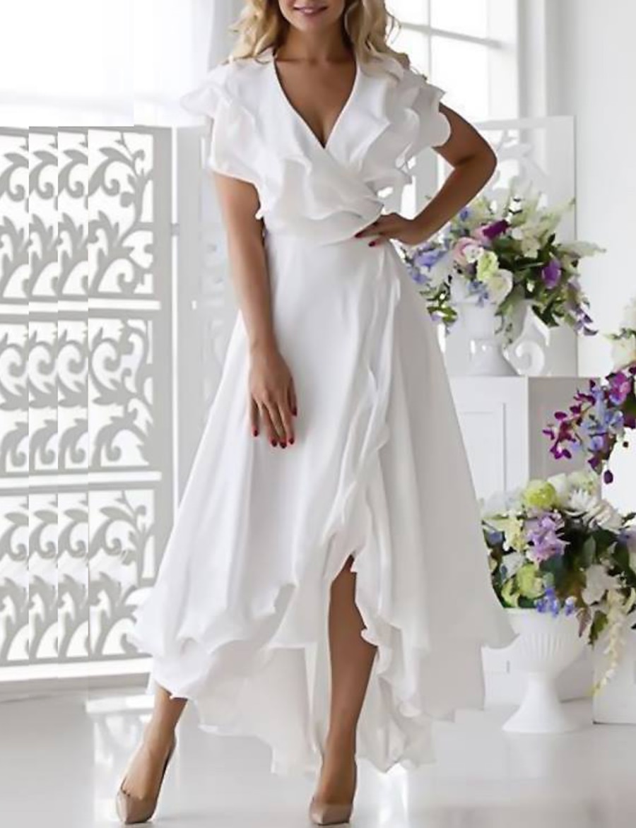 Women S Wrap Dress Midi Dress White Dark Blue Sleeveless สีทึบ Ruffle Multi Layer Plus High Low