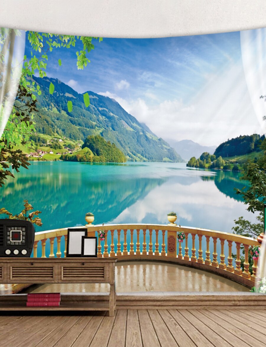  Window Landscape Wall Tapestry Art Decor Blanket Curtain Picnic Tablecloth Hanging Home Bedroom Living Room Dorm Decoration Polyester Lake Rive Forest Mountain