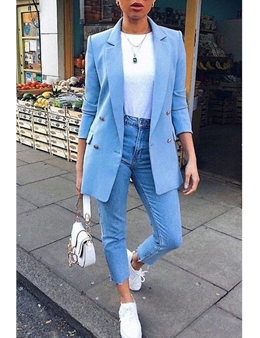  Women's Blazer Solid Colored Classic Work Long Sleeve Coat Fall Spring Casual Regular Jacket Blue / Notch lapel collar