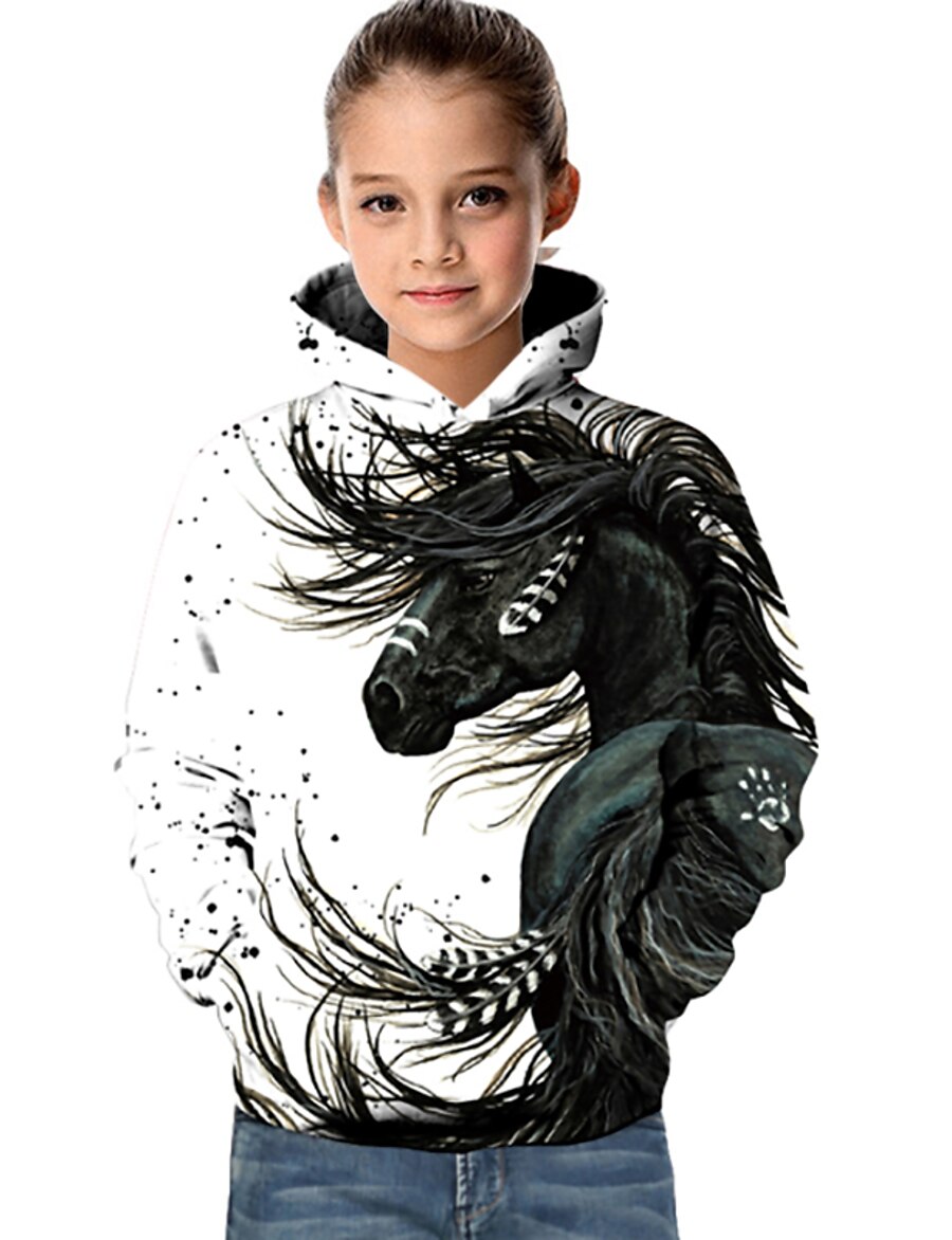  Kids Girls' Hoodie & Sweatshirt Horse 3D Printed Long Sleeve Geometric Animal Pocket White Children Tops Active Basic Fashion Sports Outdoor 2-13 Years