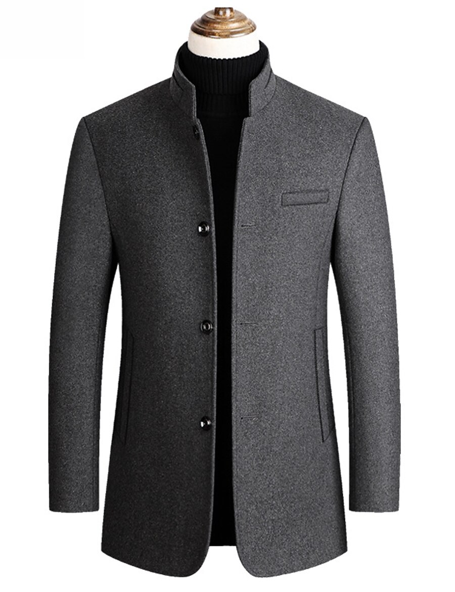  Men's Trench Coat Overcoat Fall & Winter Daily Long Coat Stand Collar Warm Regular Fit Basic Jacket Long Sleeve Solid Colored Wine Black Gray