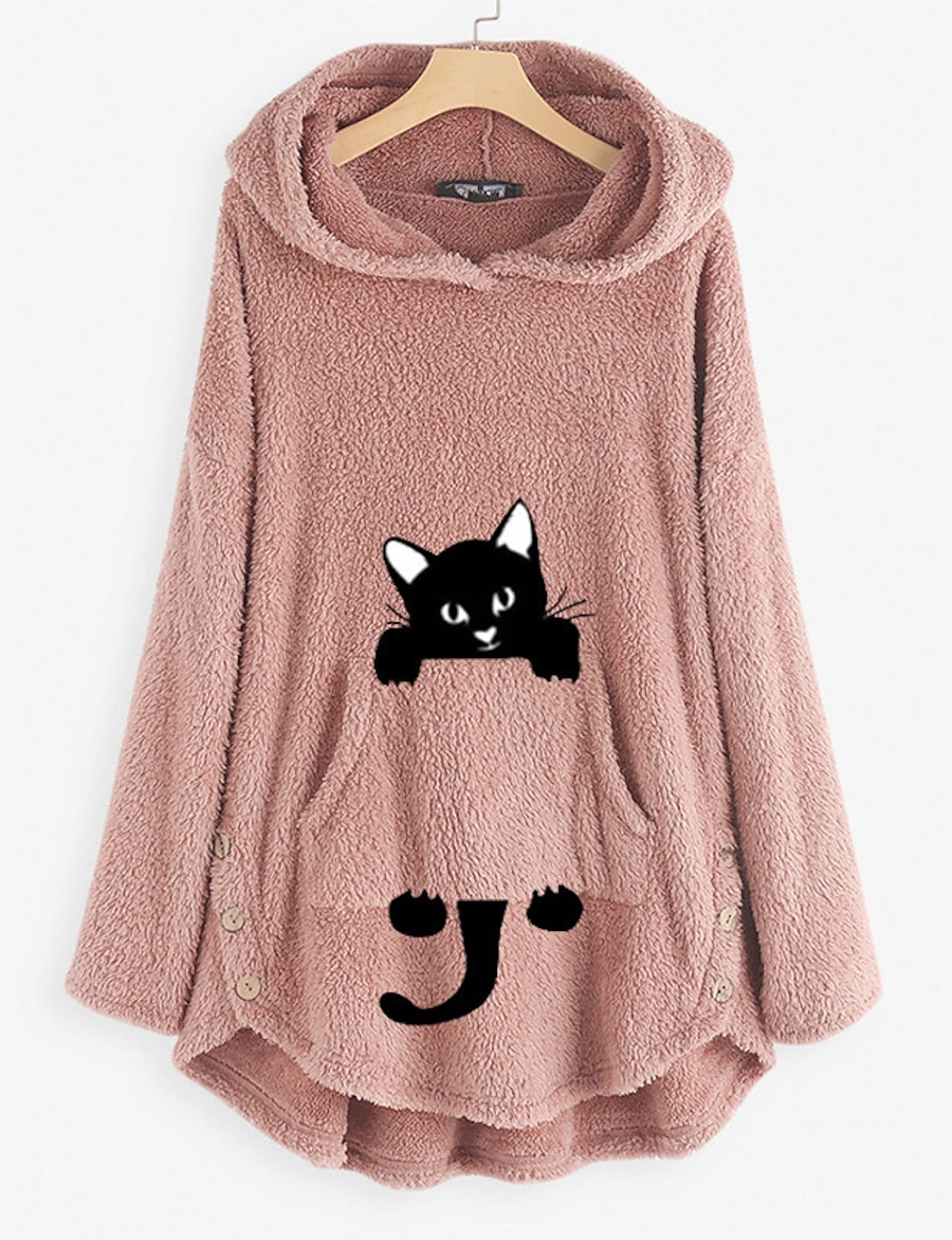  Women's Cat Animal Hoodie Teddy Coat Front Pocket Daily Basic Cute Hoodies Sweatshirts  Loose Long Black Gray Wine