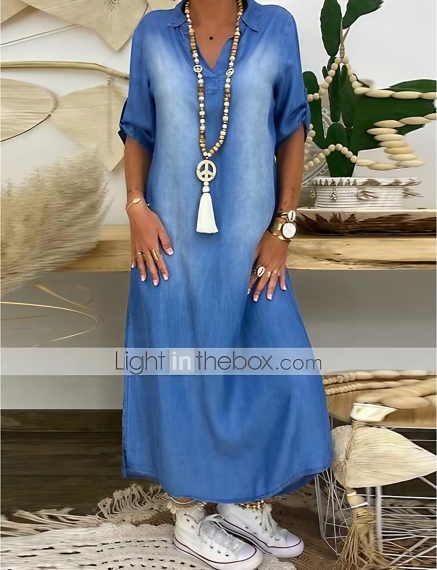  Women's Denim Dress Maxi long Dress Blue Half Sleeve Solid Color Split Fall Spring V Neck Stylish Casual Loose Holiday 2021 M L XL XXL 3XL