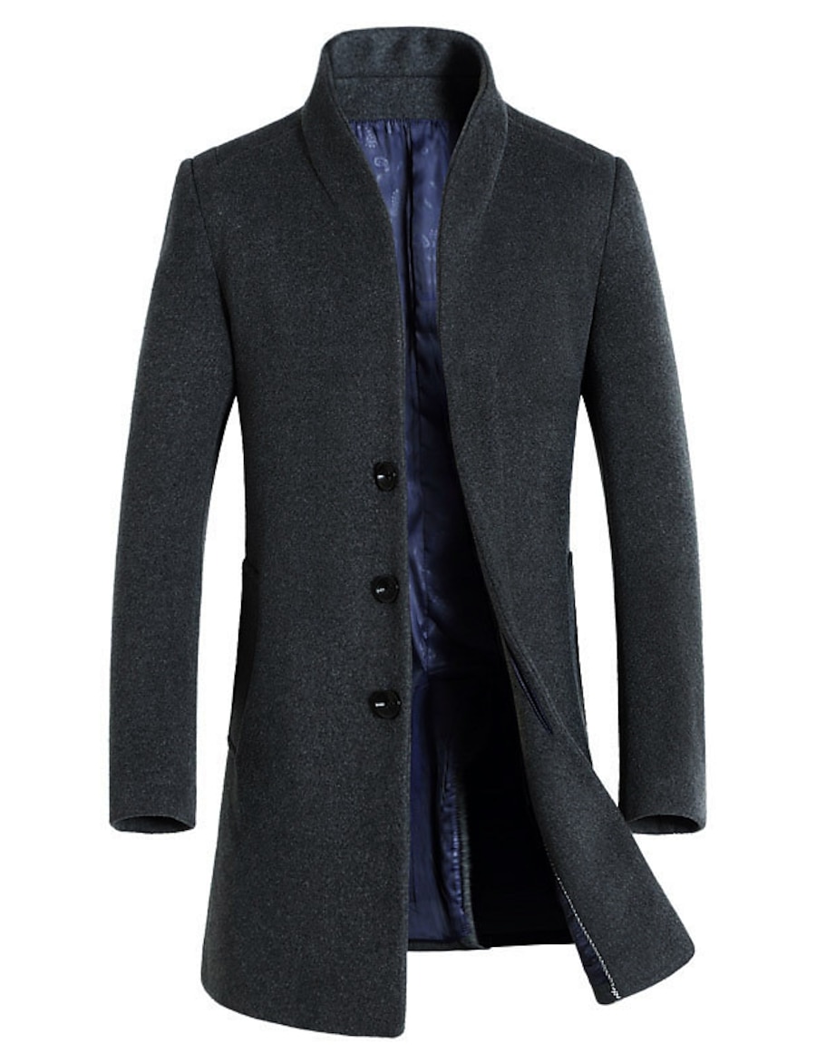  Men's Solid Colored Basic Fall & Winter Coat Long Daily Long Sleeve Wool Coat Tops Black