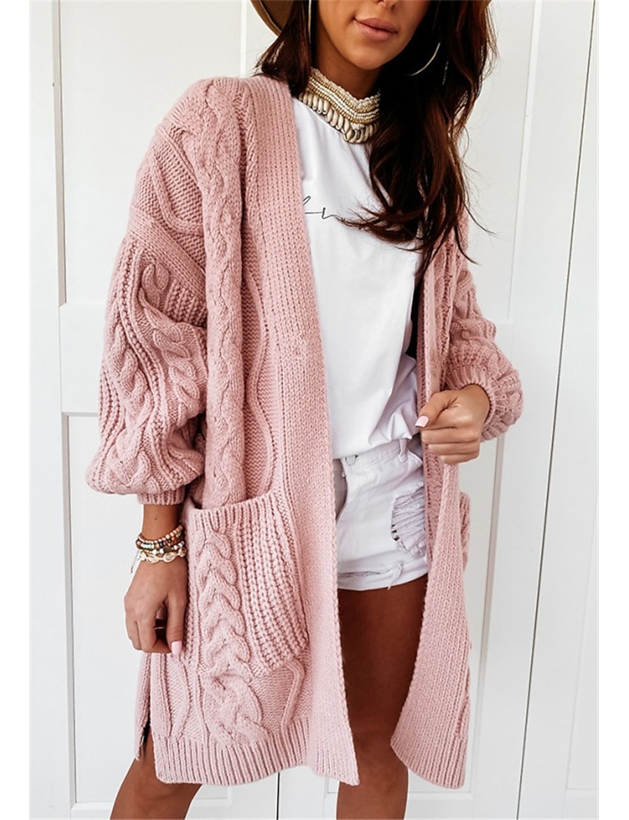  Women's Cardigan Plain Solid Color Hollow Out Knitted Acrylic Fibers Basic Long Sleeve Sweater Cardigans Fall Winter V Neck Blushing Pink Gray Beige