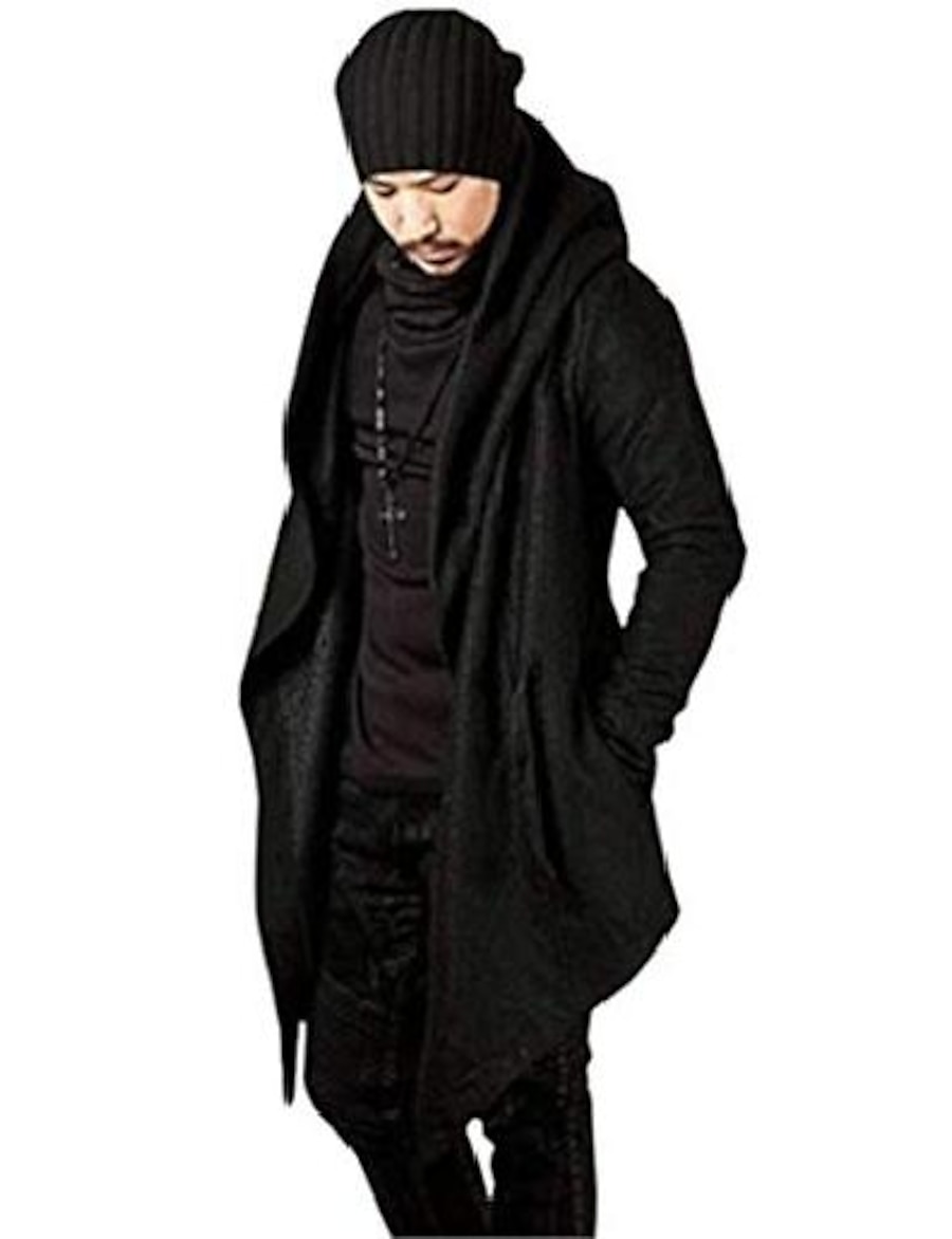  men's long trench hooded cardigan coat irregular hem open front jackets windbreaker overcoat (m, black)
