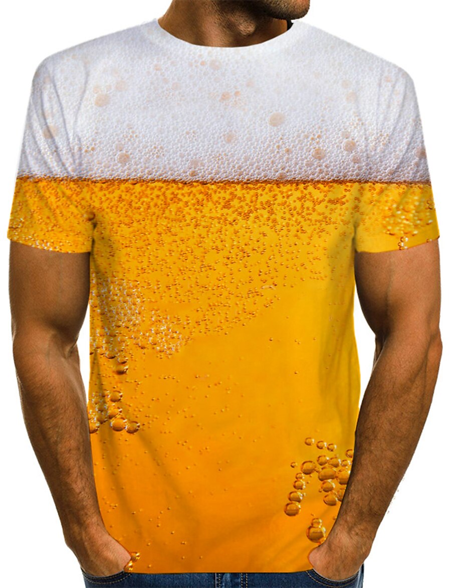  Men's T shirt Shirt Graphic Beer 3D Print Round Neck Daily Going out Short Sleeve Print Tops Streetwear White Orange Red