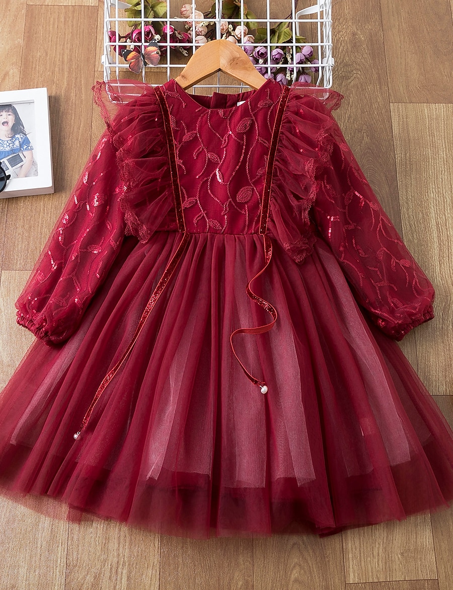 Kids Little Girls' Dress Solid Colored Lace Gold Red Knee-length Long Sleeve Active Dresses