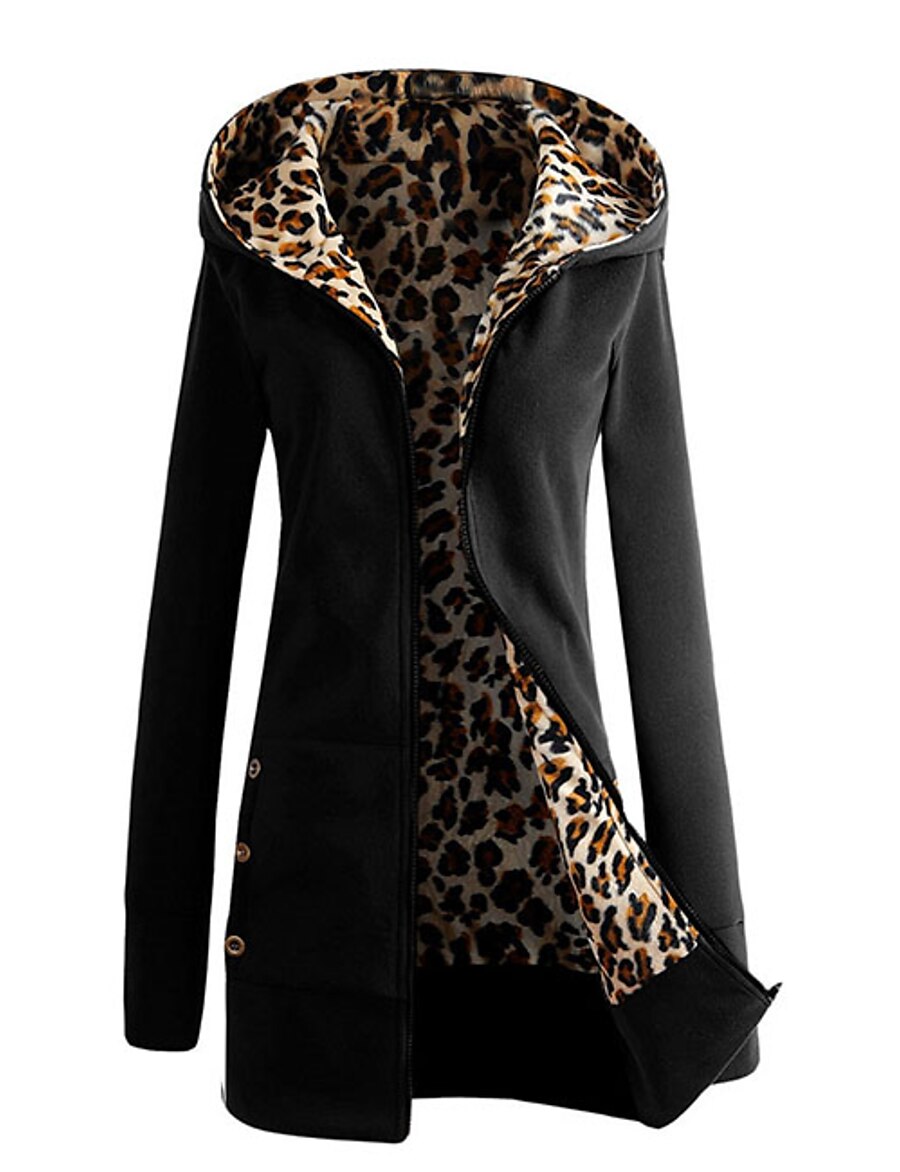  Women's Jacket Fall Winter Casual Daily Regular Coat Hooded Warm Breathable Regular Fit Basic Casual Jacket Long Sleeve Pocket Leopard Print Black