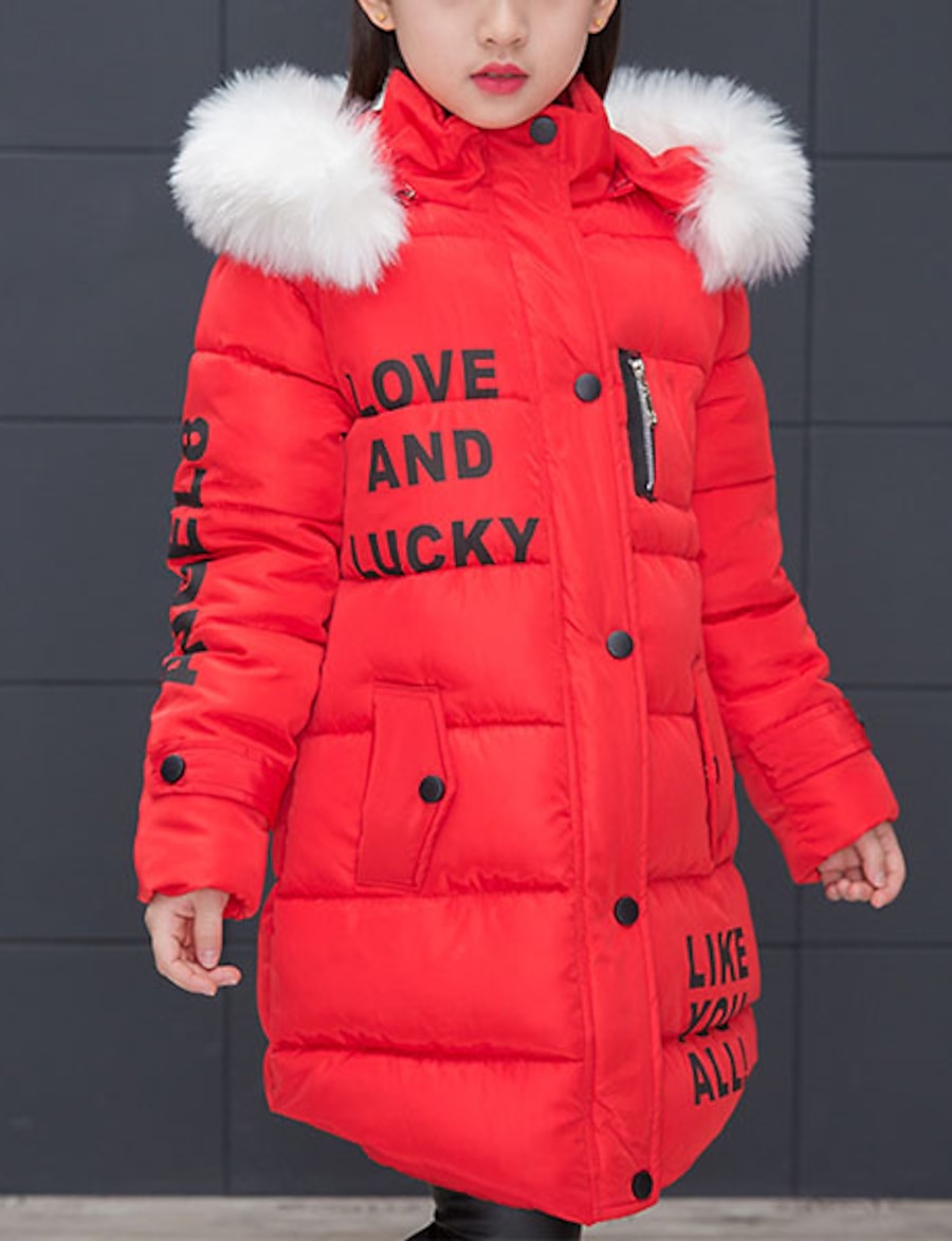  Kids Girls' Long Sleeve Down Jacket Black Pink Red Letter Active Fall Winter 3-12 Years School