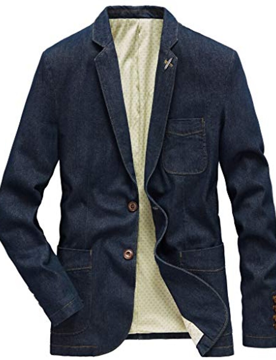  Men's Blazer Blazer Business Solid Colored Single Breasted One-button Regular Fit Cotton Men's Suit Denim Blue / Vintage blue / Black - V Neck