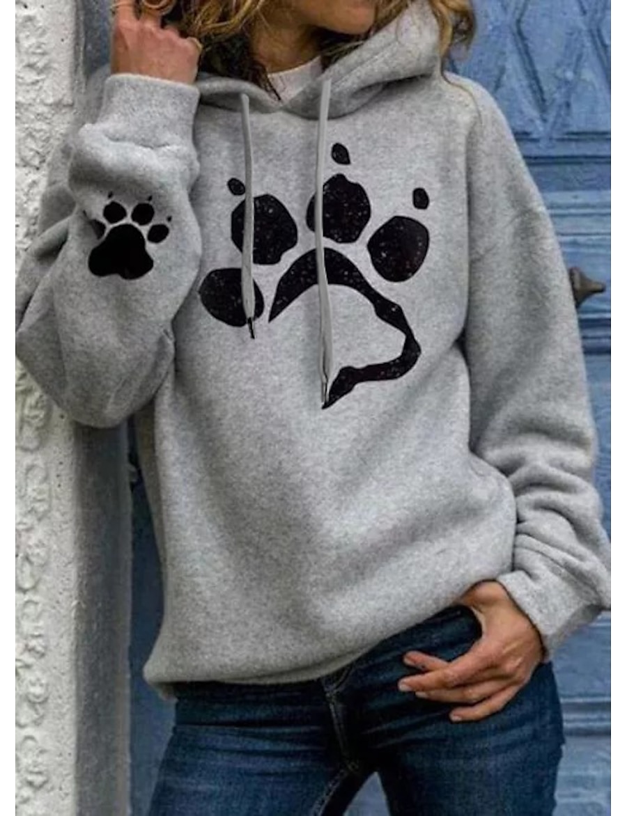  Women's Cat Dog Heart Hoodie Pullover Print Casual Daily Basic Hoodies Sweatshirts  Cat black Silver Light Gray