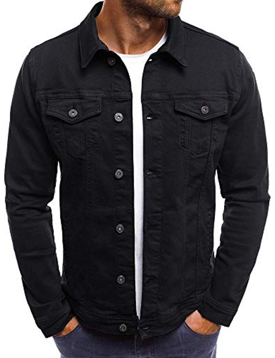  men's autumn winter button solid color vintage denim jacket tops blouse coat top cardigan outwear(black, m)