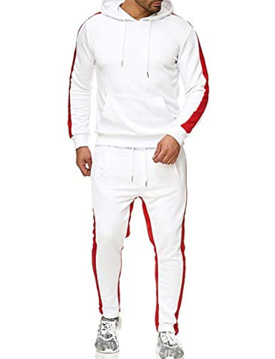 mens color block tracksuit set, winter casual regular fit sweatpants sweatshirts hoodie pullover with big pocket white