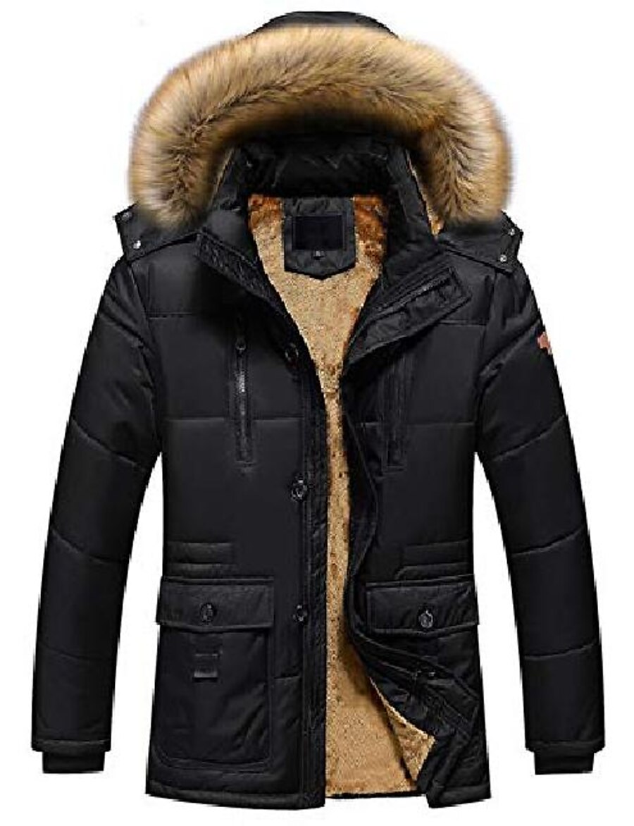  men's winter cold-proof sherpa lined down alternative parka jacket removable fur hood (large, 10-black)