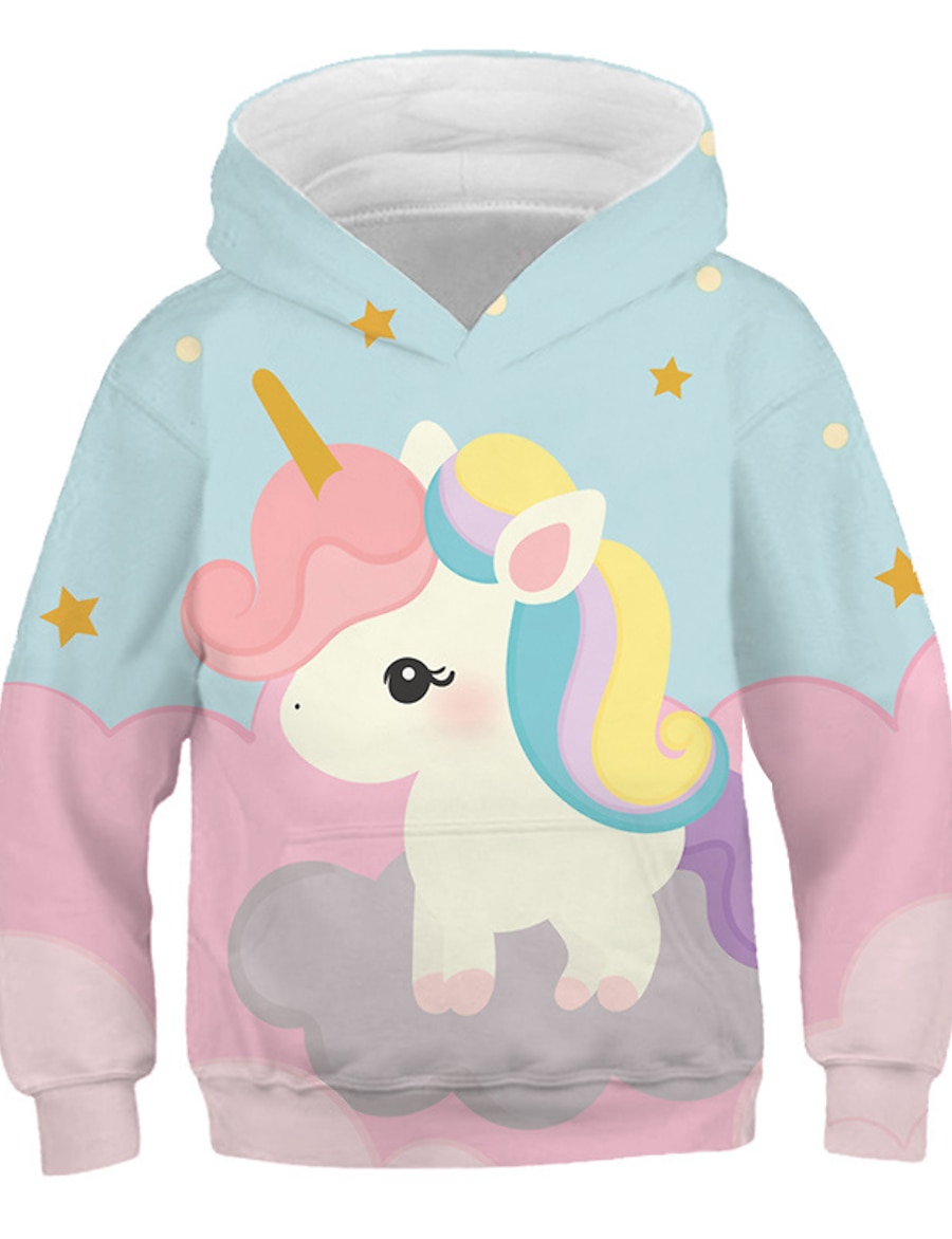  Kids Girls' Hoodie & Sweatshirt Long Sleeve Blushing Pink Unicorn Print Graphic Color Block 3D Active Basic
