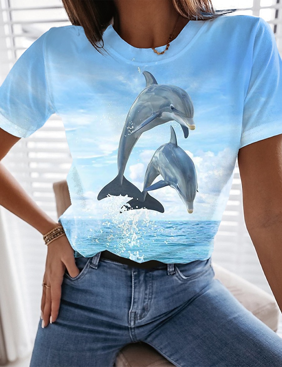  Women's Holiday Weekend T shirt Tee 3D Printed Short Sleeve Graphic 3D Round Neck Print Basic Beach Tops Blue S