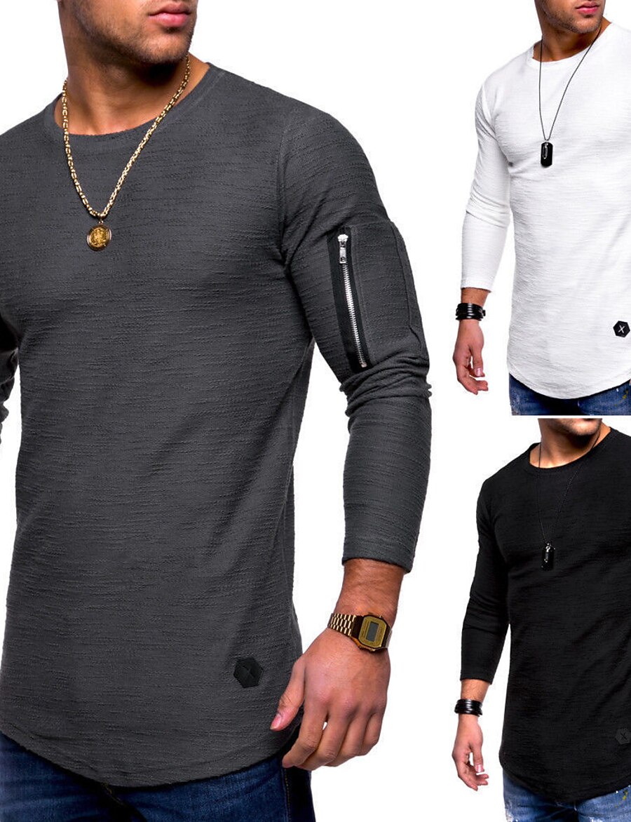  Men's T shirt Shirt Zipper Round Neck Standard Spring, Fall, Winter, Summer ArmyGreen White Black Gray