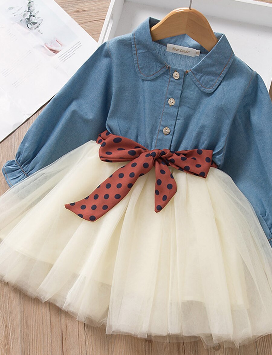  Kids Little Dress Girls' Solid Color Outdoor Denim Dress Tulle Light Blue Active Casual Comfortable Dresses Fall Spring Children's Day 2-6 Years / Cute