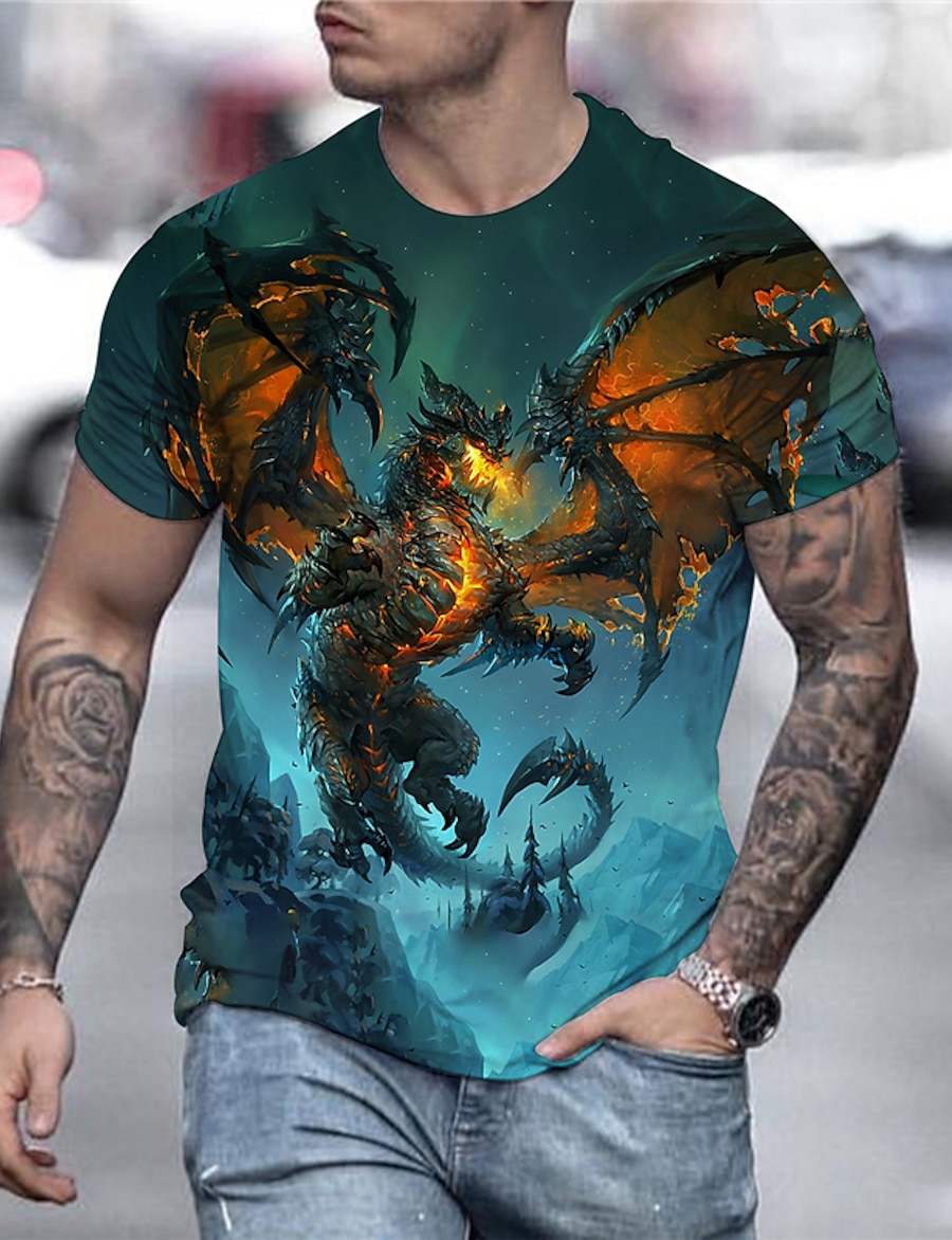  Men's Tee T shirt Shirt Dragon Graphic Anime 3D Print Crew Neck Plus Size Daily Holiday Short Sleeve Print Tops Streetwear Exaggerated Golden Blue Rainbow