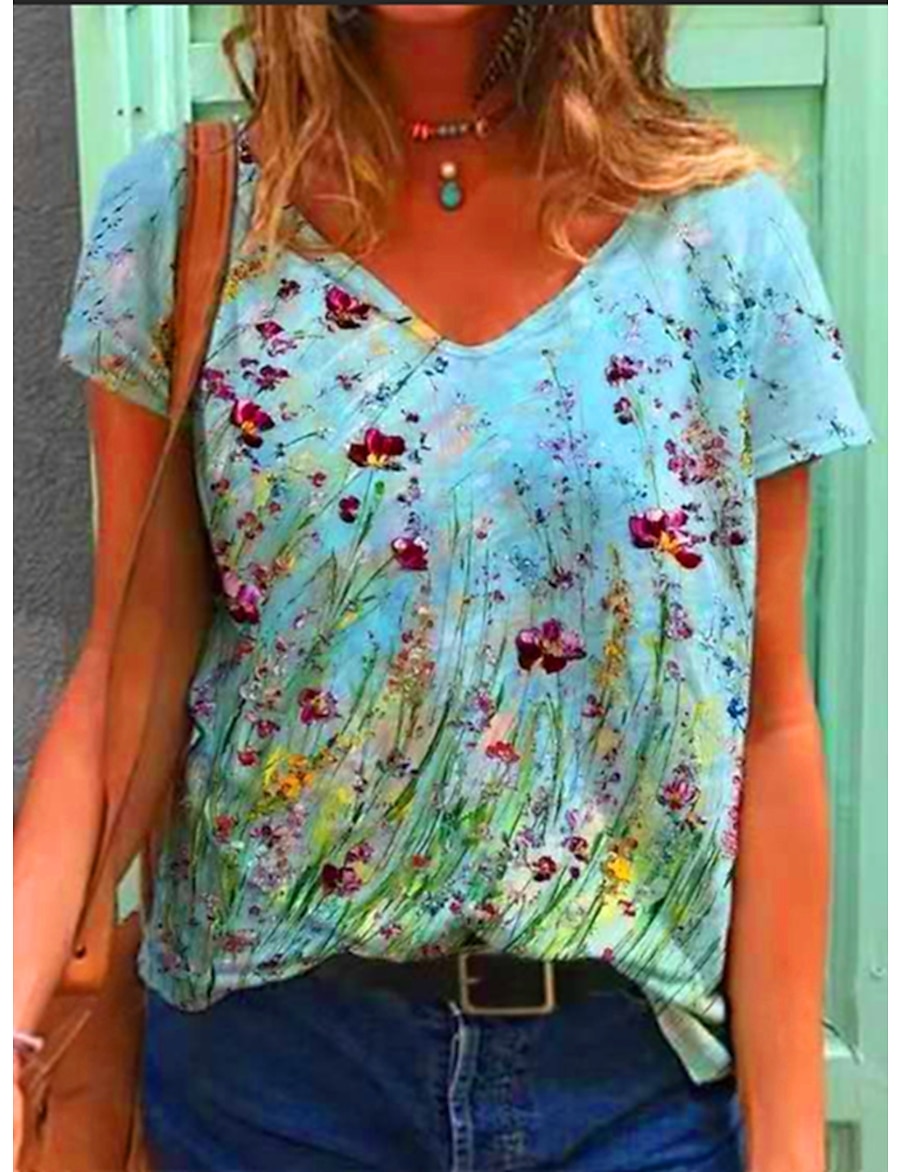  Women's T shirt Floral Graphic V Neck Print Basic Tops Blue Green Royal Blue / 3D Print