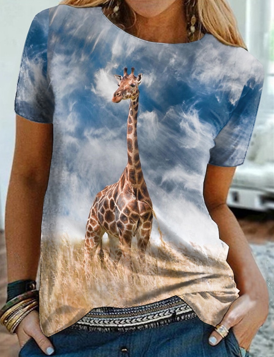  Women's Daily Weekend T shirt Tee 3D Printed Painting Short Sleeve Graphic 3D Giraffe Round Neck Print Basic Tops Blue S