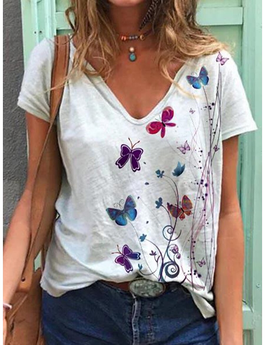  Women's T shirt Butterfly V Neck Basic Tops Blue White Purple / 3D Print