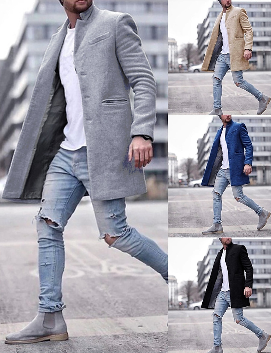  Men's Trench Coat Overcoat Winter Daily Work Long Coat Notch lapel collar Warm Regular Fit Jacket Long Sleeve Classic Style Solid Colored Black Gray Khaki