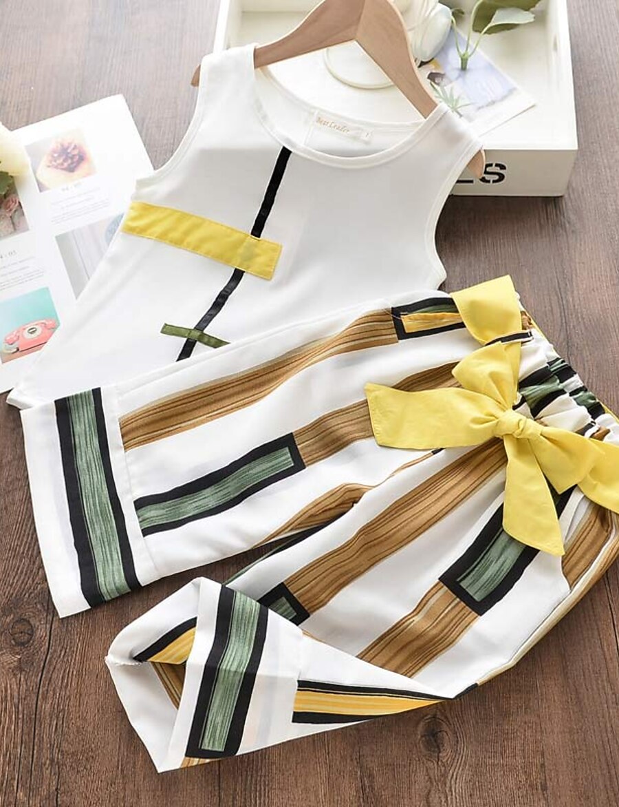  Kids Girls' Clothing Set Sleeveless 2 Pieces White Print Striped Daily Wear Cotton Regular Active