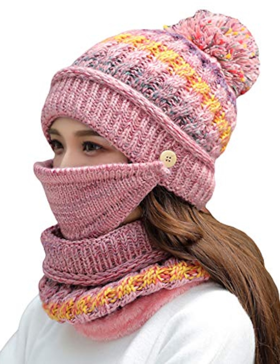  women girls knitted hat scarf mask set winter fleece lined beanie knit ear flaps hat with pompom (pink)