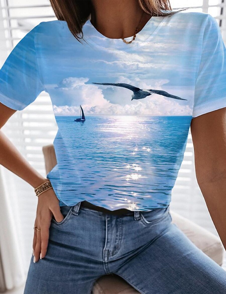  Women's Holiday 3D Printed Painting T shirt Graphic Bird Print Round Neck Basic Beach Tops Light Blue